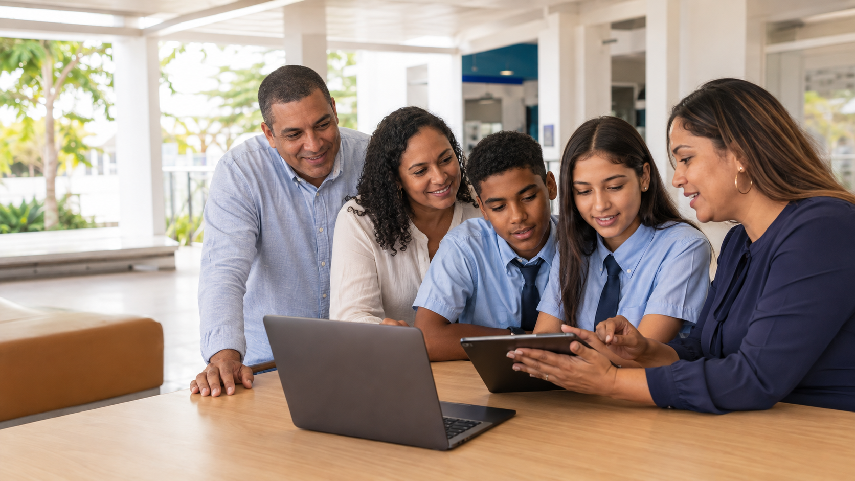 Familia, estudiantes y docente usando una plataforma escolar
